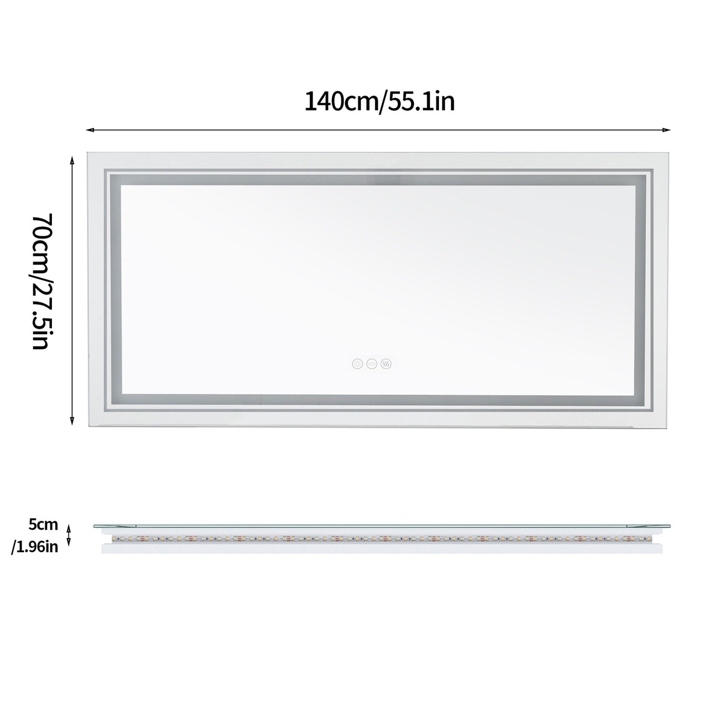 Large Dimmable Double LED Wall Bathroom Mirror Smart Touch Antifog Vanity Mirror
