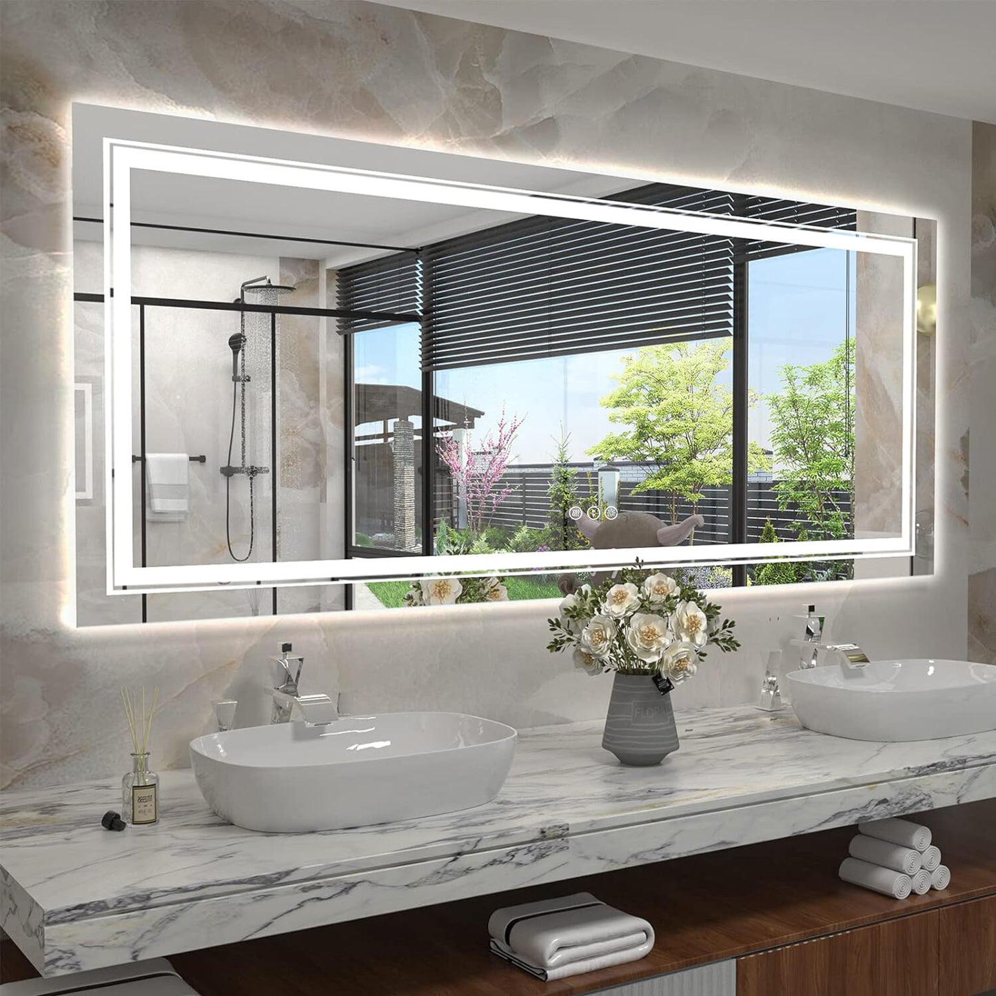 Large Dimmable Double LED Wall Bathroom Mirror Smart Touch Antifog Vanity Mirror