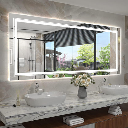 Large Dimmable Double LED Wall Bathroom Mirror Smart Touch Antifog Vanity Mirror