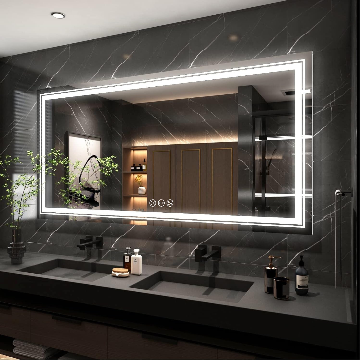 Large Dimmable Double LED Wall Bathroom Mirror Smart Touch Antifog Vanity Mirror