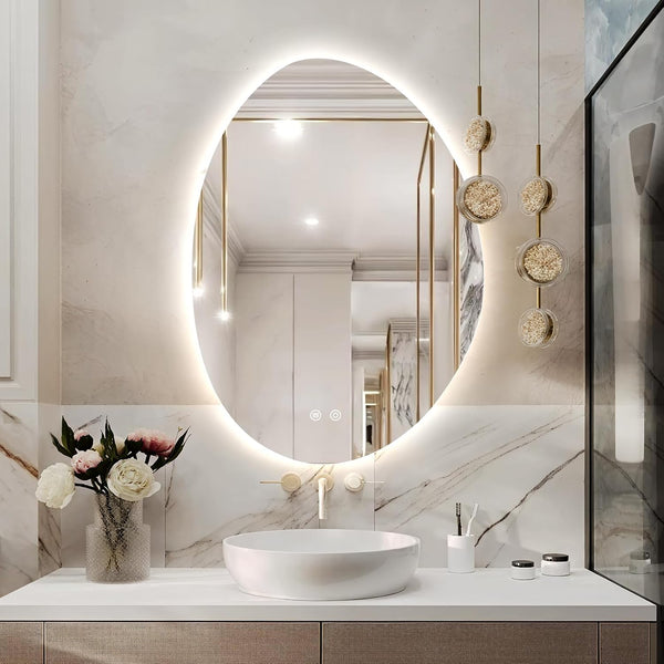 Irregular LED Bathroom Mirror, Frameless Backlit Wall Mirrors,24"X32" | Asymmetrica Lighted Mirror for Bedroom Living Room, Modern Smart-Mirror with 3 Color Lighting, Anti-Fog, Memory Function