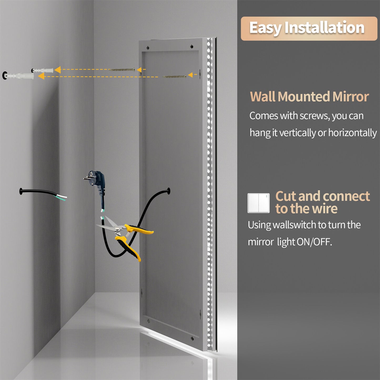 Large Dimmable Double LED Wall Bathroom Mirror Smart Touch Antifog Vanity Mirror