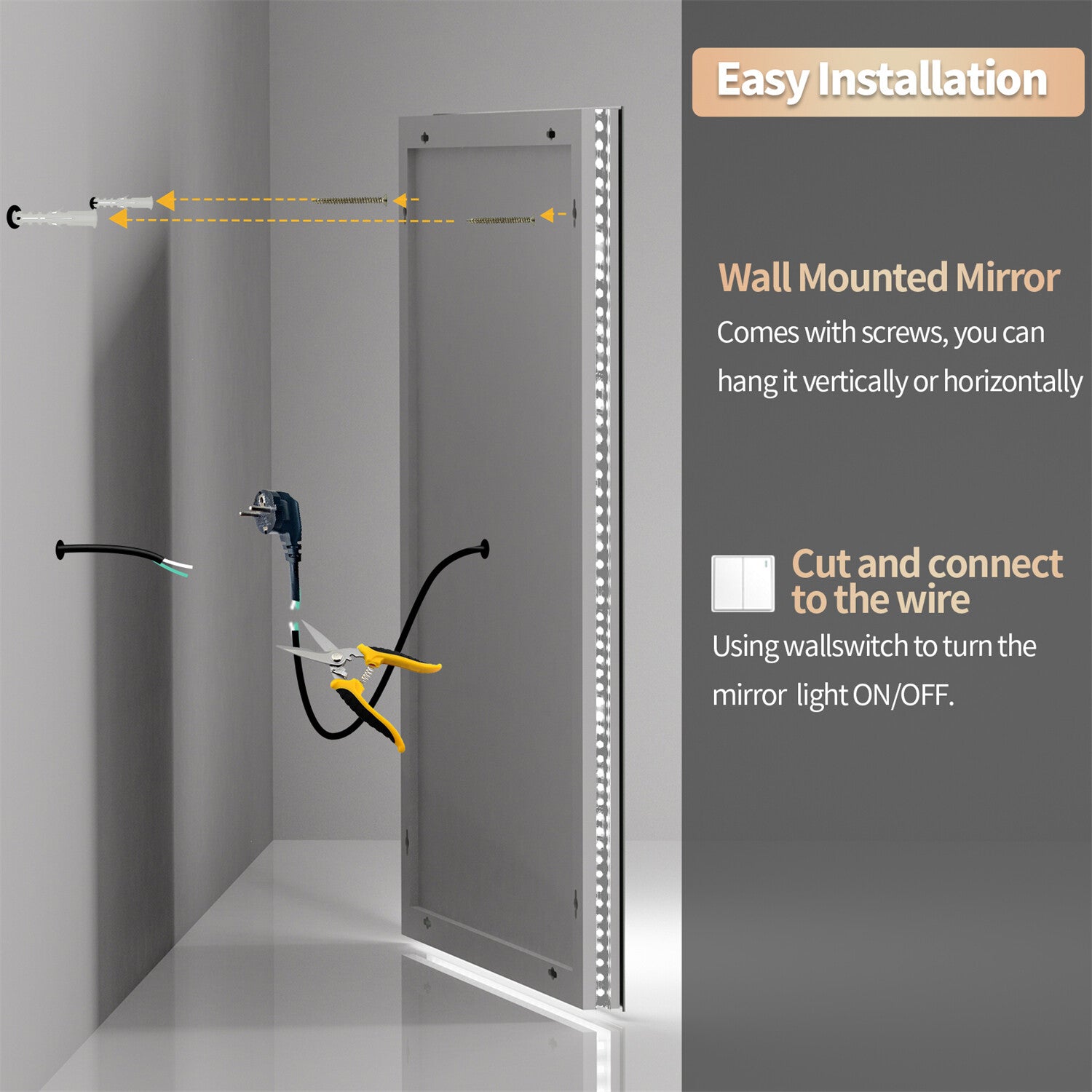 Large Dimmable Double LED Wall Bathroom Mirror Smart Touch Antifog Vanity Mirror