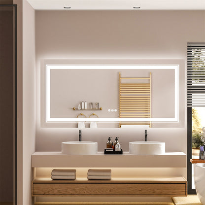 Large Dimmable Double LED Wall Bathroom Mirror Smart Touch Antifog Vanity Mirror