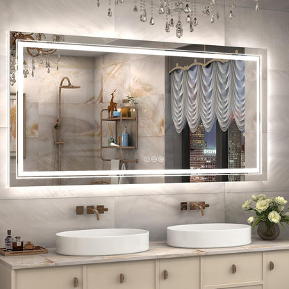 Large Dimmable Double LED Wall Bathroom Mirror Smart Touch Antifog Vanity Mirror