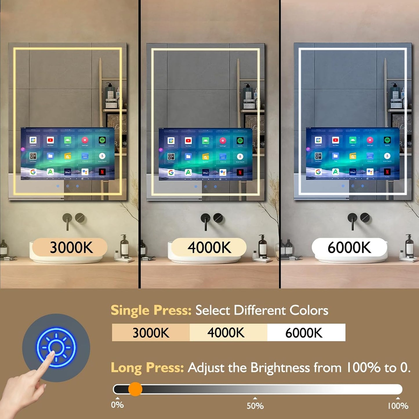 24X32 Inch LED Smart Bathroom Mirror with 21.5" Hidden Touchscreen, Android System, 3Colors Stepless Adjusted, Built-In Speakers, Clock & Weather, Anti-Fog, Wifi Bluetooth HDMI, Wall Mounted