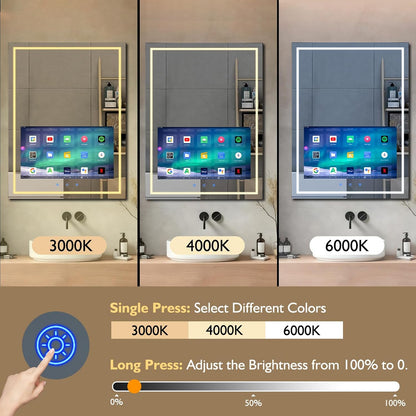 24X32 Inch LED Smart Bathroom Mirror with 21.5" Hidden Touchscreen, Android System, 3Colors Stepless Adjusted, Built-In Speakers, Clock & Weather, Anti-Fog, Wifi Bluetooth HDMI, Wall Mounted