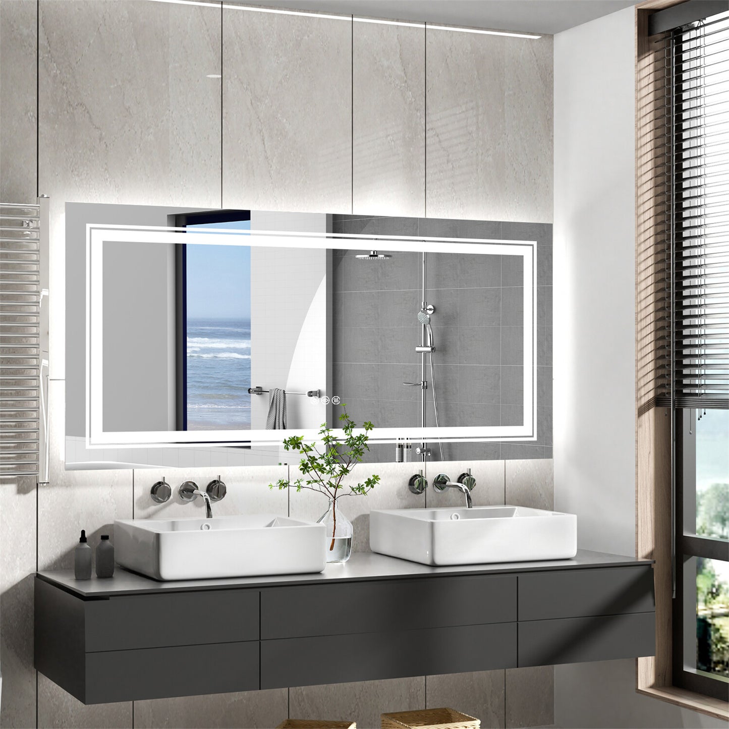 Large Dimmable Double LED Wall Bathroom Mirror Smart Touch Antifog Vanity Mirror