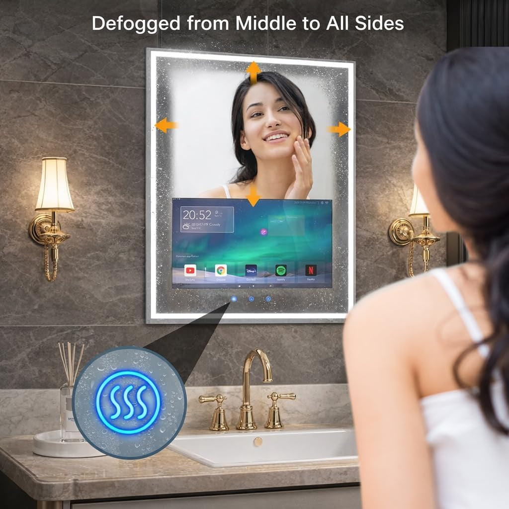 24X32 Inch LED Smart Bathroom Mirror with 21.5" Hidden Touchscreen, Android System, 3Colors Stepless Adjusted, Built-In Speakers, Clock & Weather, Anti-Fog, Wifi Bluetooth HDMI, Wall Mounted