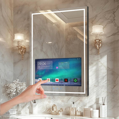 24X32 Inch LED Smart Bathroom Mirror with 21.5" Hidden Touchscreen, Android System, 3Colors Stepless Adjusted, Built-In Speakers, Clock & Weather, Anti-Fog, Wifi Bluetooth HDMI, Wall Mounted