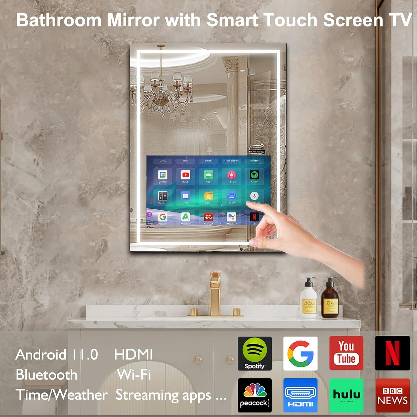 24X32 Inch LED Smart Bathroom Mirror with 21.5" Hidden Touchscreen, Android System, 3Colors Stepless Adjusted, Built-In Speakers, Clock & Weather, Anti-Fog, Wifi Bluetooth HDMI, Wall Mounted
