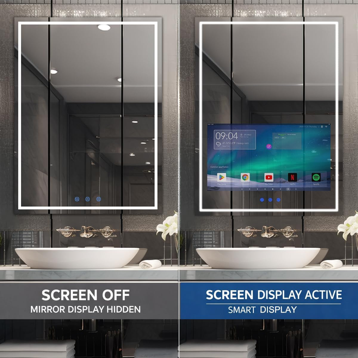 24X32 Inch LED Smart Bathroom Mirror with 21.5" Hidden Touchscreen, Android System, 3Colors Stepless Adjusted, Built-In Speakers, Clock & Weather, Anti-Fog, Wifi Bluetooth HDMI, Wall Mounted