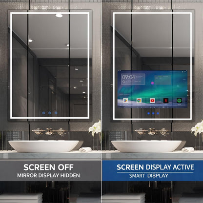 24X32 Inch LED Smart Bathroom Mirror with 21.5" Hidden Touchscreen, Android System, 3Colors Stepless Adjusted, Built-In Speakers, Clock & Weather, Anti-Fog, Wifi Bluetooth HDMI, Wall Mounted