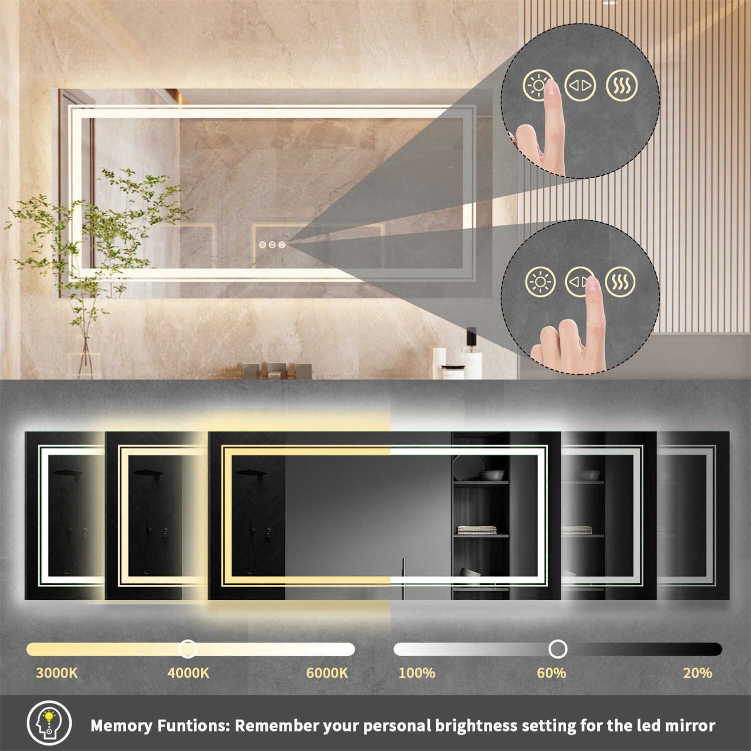 Large Dimmable Double LED Wall Bathroom Mirror Smart Touch Antifog Vanity Mirror