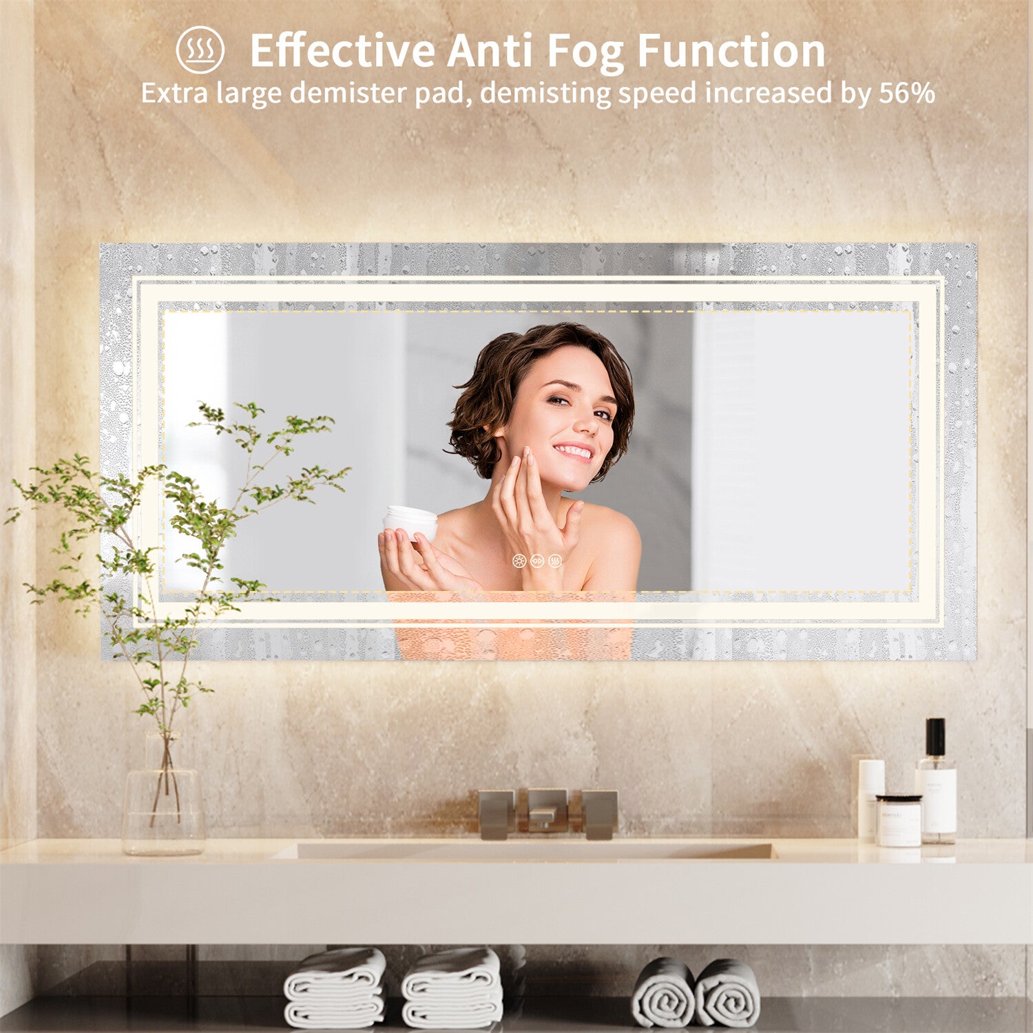 Large Dimmable Double LED Wall Bathroom Mirror Smart Touch Antifog Vanity Mirror