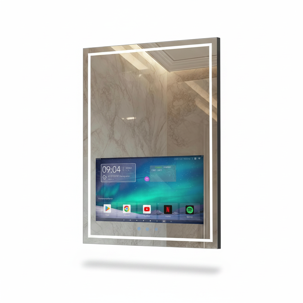 24X32 Inch LED Smart Bathroom Mirror with 21.5" Hidden Touchscreen, Android System, 3Colors Stepless Adjusted, Built-In Speakers, Clock & Weather, Anti-Fog, Wifi Bluetooth HDMI, Wall Mounted