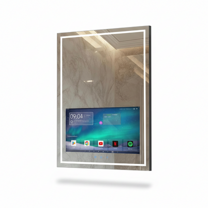 24X32 Inch LED Smart Bathroom Mirror with 21.5" Hidden Touchscreen, Android System, 3Colors Stepless Adjusted, Built-In Speakers, Clock & Weather, Anti-Fog, Wifi Bluetooth HDMI, Wall Mounted